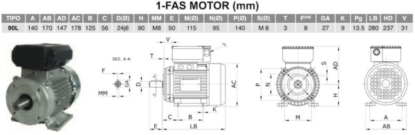 B14 flens type 90 dimensjoner 1-fas motor
